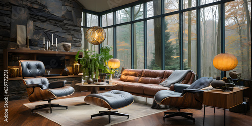 Brown leather chairs and grey sofa in room with fireplace. Mid-century style home interior design of modern living room