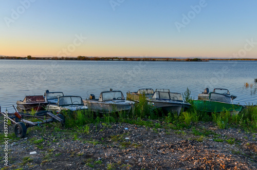 boats at Amur river harbor in Verkhnii Nergen (Nanaysky district, Khabarovsk krai, Russia)