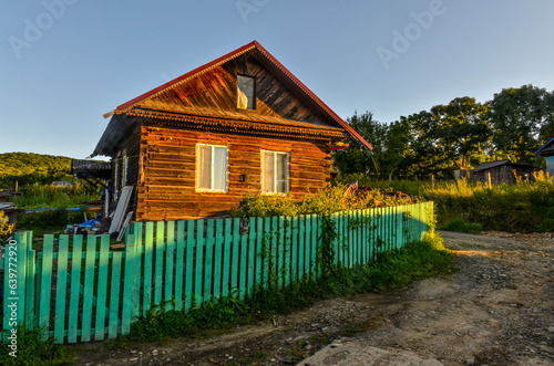 wooden houses in Verkhnii Nergen village (Nanaysky district, Khabarovsk krai, Russia) photo