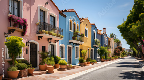 Colorful stucco finish traditional private townhouses. Residential architecture exterior © Samira