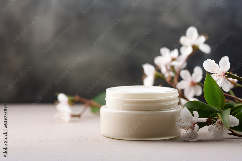 Cosmetic cream in a jar with blooming branches on a gray background