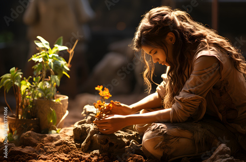 Woman kneeling in the dirt, holding a plant
