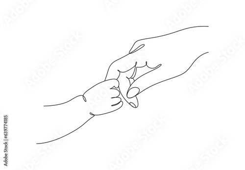 Continuous one line art of baby holding mother finger vector illustration. Isolated on white background. Pro vector.