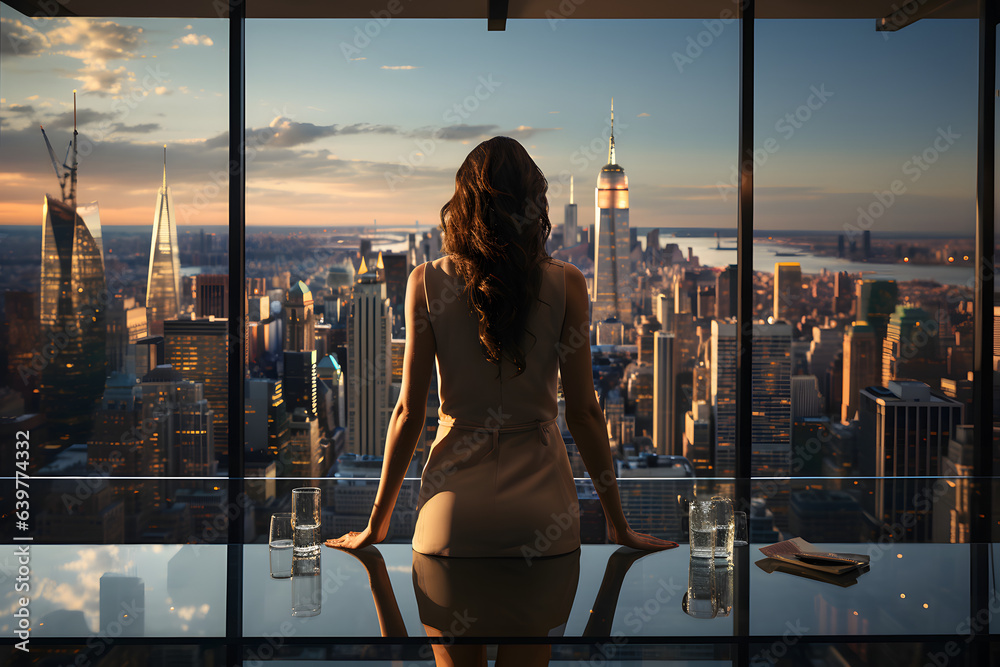 Powerful woman stands at the head of a conference table in a modern office, commanding attention with her confident posture, business meeting - obrazy, fototapety, plakaty 