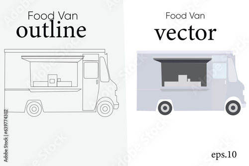 Vector set of mobile food truck icons Ice cream trucks line up on the street. Black is used to outline and complete the symbol for a food truck.