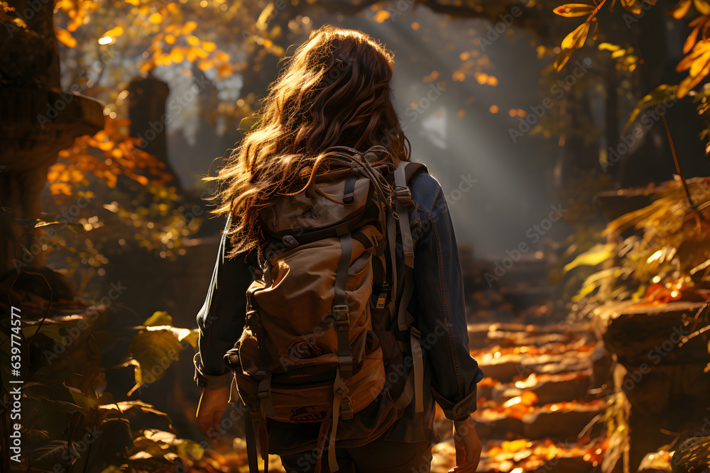 Woman explorer wanders through a sun-dappled forest with her backpack and hiking gear, sunlight filtering through the trees, highlighting her path deeper into the woods