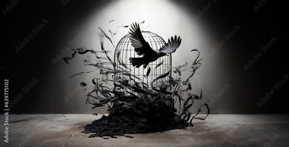 bird cage made of black feathers chasing a flying bird hd wallpaper  - obrazy, fototapety, plakaty 