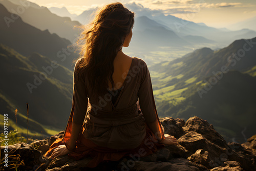 Sporty female sits in a meditative yoga pose atop a scenic mountain peak, with the vast landscape below illuminated by late afternoon light, her calm contrasting the surrounding grandeur