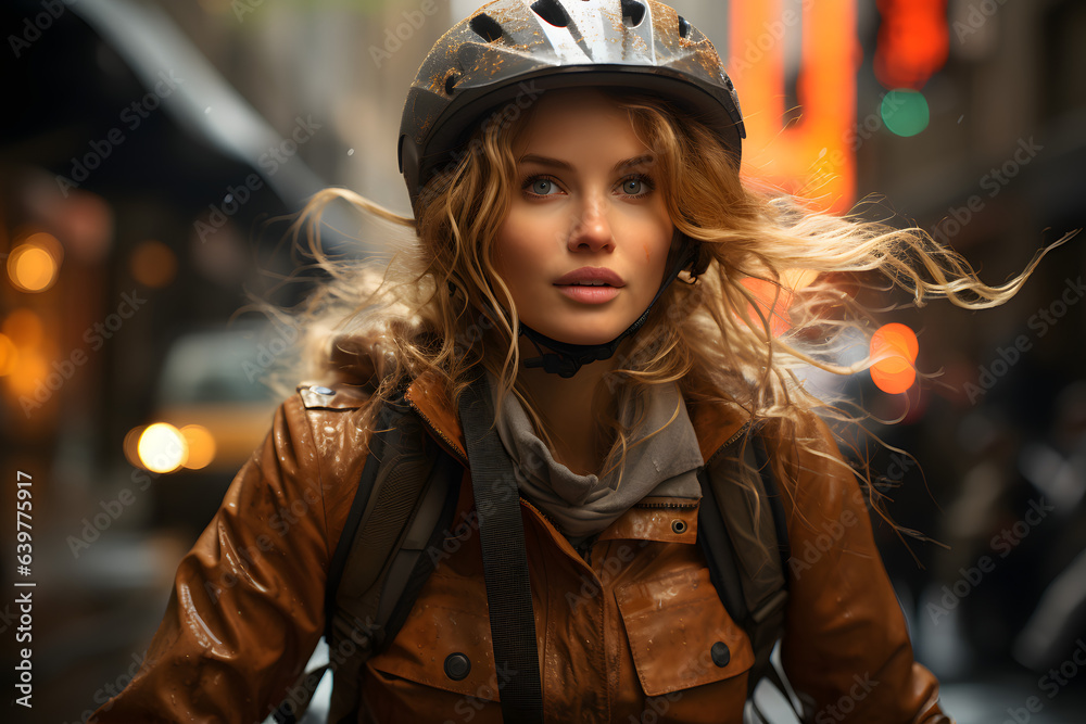 Woman rides her bicycle confidently through bustling city streets, with traffic and chaos blurring around Woman rides her bicycle confidently through bustling city streets, with traffic and chaos blurring around