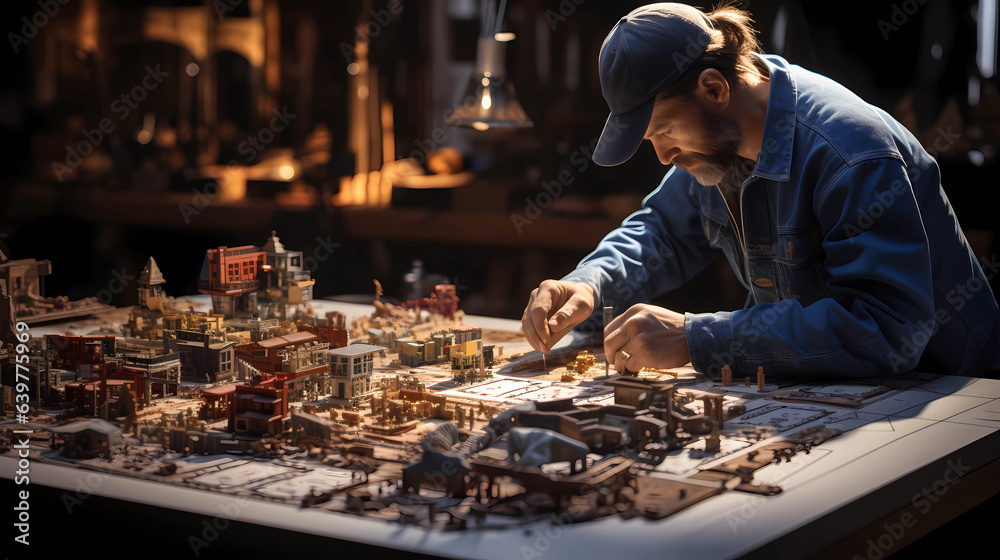 A close-up shot of a construction worker studying a detailed blueprint