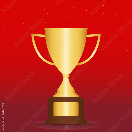 Golden Trophy Cup Isolated on Red Background. Champion and Winning Concept. Vector Illustration.
