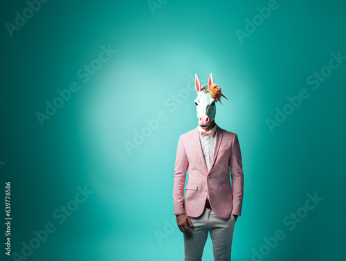 Unicorn Executive: A Man in a Suit Dressed as a Unicorn on a Green Copy Space Background—A Surreal Image Perfect for Innovative Corporate Branding or Campaigns . Minimalistic