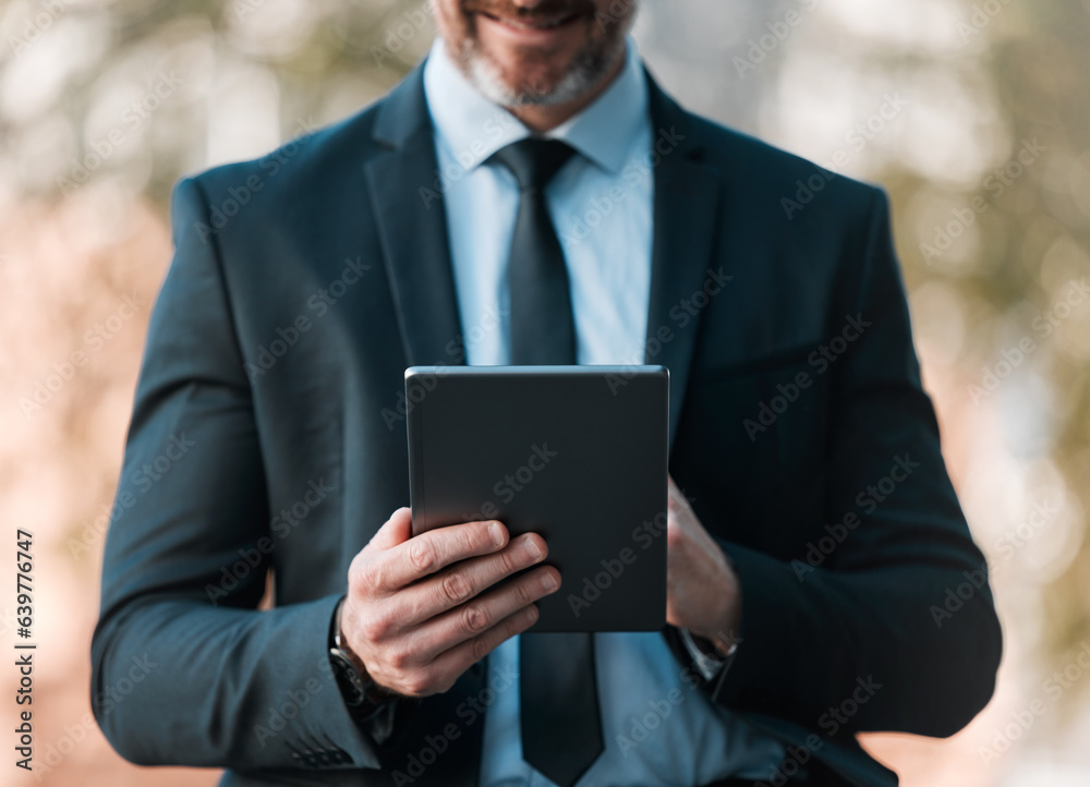 Outdoor, business and man with a tablet, closeup and connection with social media, typing and email notification. Person, broker or accountant with technology, city and online reading for information Outdoor, business and man with a tablet, closeup and connection with social media, typing and email notification. Person, broker or accountant with technology, city and online reading for information