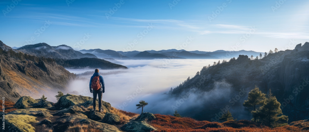 Traveler on peak, immersed in dreamy, foggy mountain scenery.