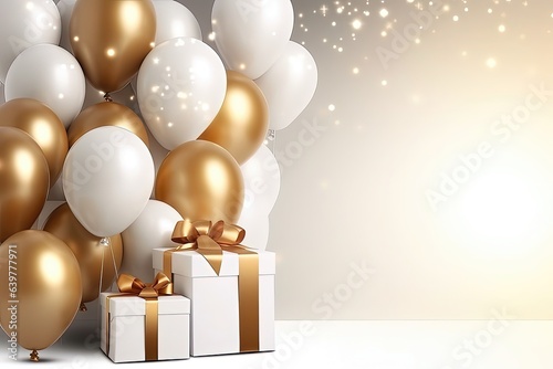 White and gold gift boxes and balloons on a white background. vector illustration. birthday party and christmas concept. Copy space for your text