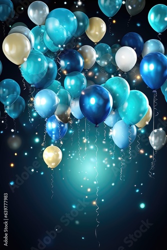 Blue and white balloons with sparkles on dark background. Vector illustration ideal for a greeting card for a birthday party