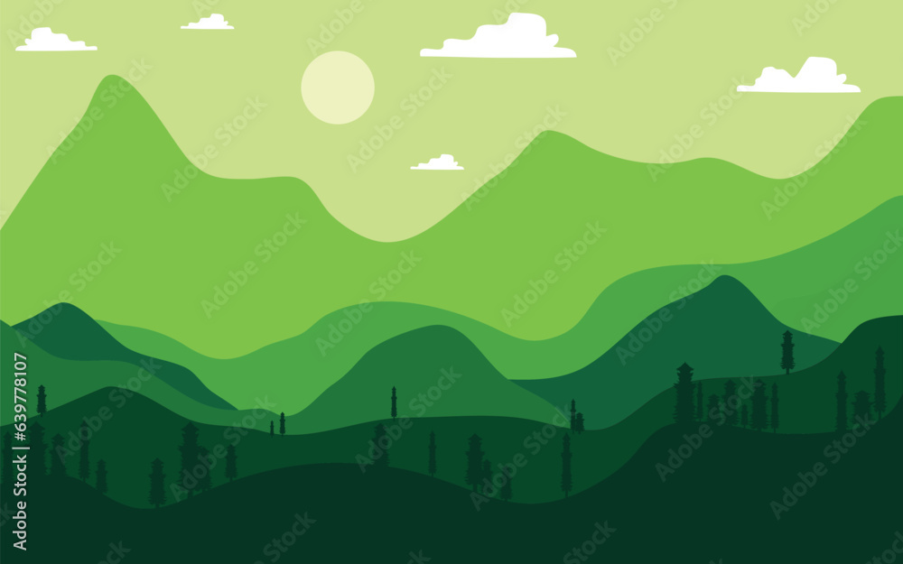 landscape mountain illustration in green shades in flat style, silhouette of Pine trees and bright green sky and white clouds