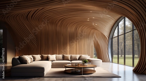 Abstract wooden arched ceiling and wall with curved lines. Interior design of modern living room