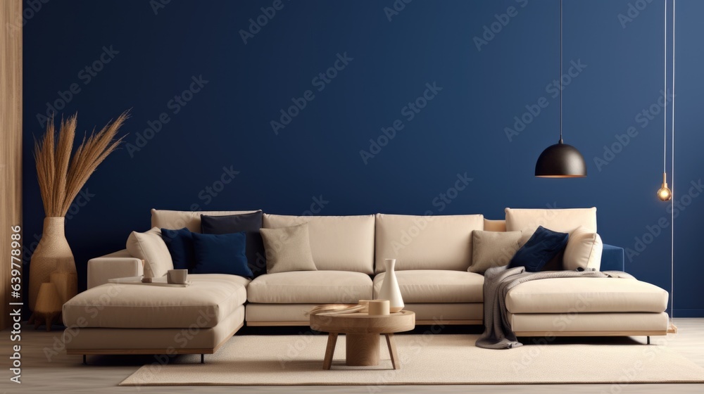 Beige corner sofa in room with dark blue walls. Interior design of ...