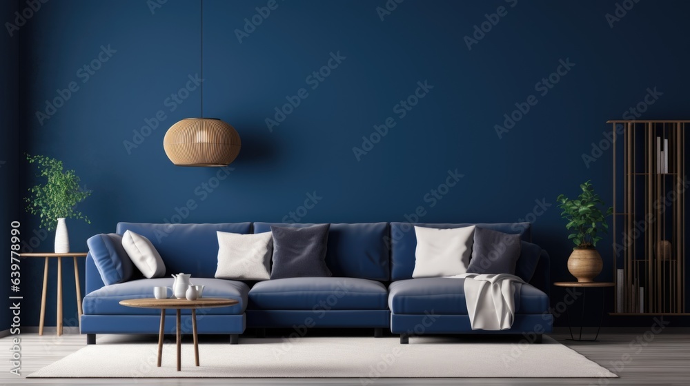 Beige corner sofa in room with dark blue walls. Interior design of ...