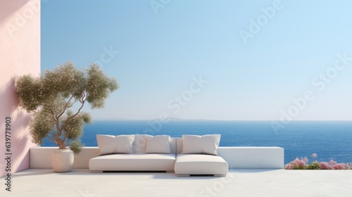 Beautiful soft colored terrace with sofa on mediterranean villa. Summer minimalist architecture background
