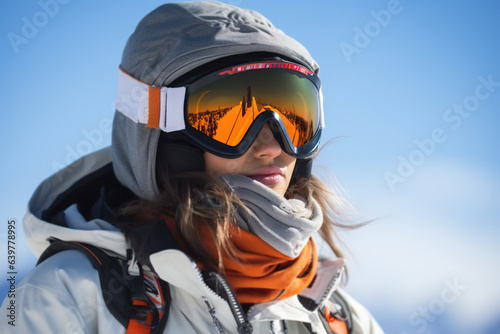 Active young woman snowboarder or skier in outerwear and mask in snowy mountains looking away outdoors, winter sports © Sergio