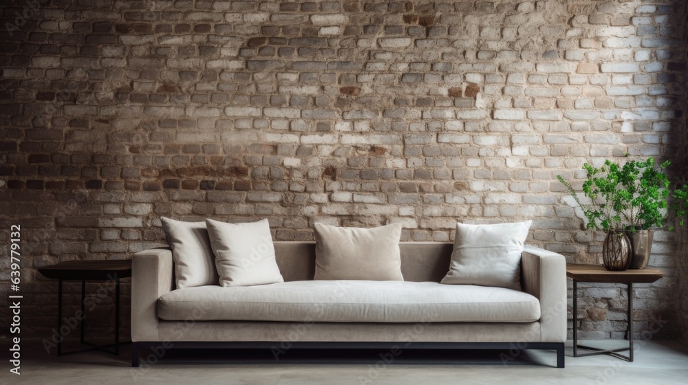 Beige sofa against of grunge aged brick wall. Japanese style interior design of modern living room Beige sofa against of grunge aged brick wall. Japanese style interior design of modern living room