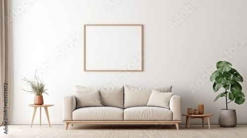 Beige sofa and armchair near white wall. Interior design of modern living room with empty blank mock up poster frame © Interior Design