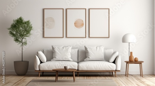 Beige sofa and round end tables near white wall with big mock up poster frame. Mid century interior design of modern living room