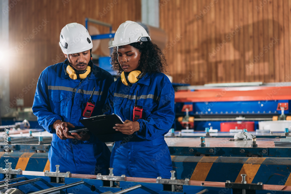 Foreman checking Material or Machine. Industrial worker inspecting and check up machine at factory machines.Technician working in metal sheet at industry. Foreman checking Material or Machine. Industrial worker inspecting and check up machine at factory machines.Technician working in metal sheet at industry.