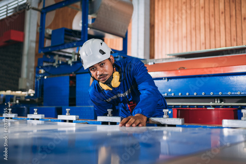 Portrait of industrial worker inspecting and check up machine at factory machines. Technician working in metal sheet at industry. Foreman checking Material or Machine. © NewSaetiew