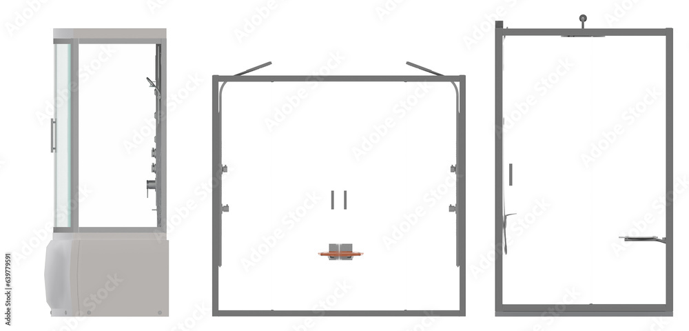 The shower cabin is isolated on a white background, 3D illustration, and a CG render The shower cabin is isolated on a white background, 3D illustration, and a CG render