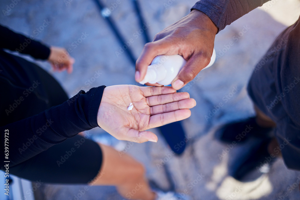 Sunscreen, above and hands of man and woman with moisturizer bottle or cream for skincare or body to workout. Healthy skin, people and cosmetic product in plastic container to apply for exercise Sunscreen, above and hands of man and woman with moisturizer bottle or cream for skincare or body to workout. Healthy skin, people and cosmetic product in plastic container to apply for exercise