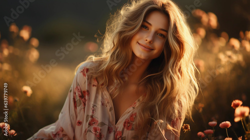 A beautiful girl with a smile on her face, dressed in light summer clothes, sits among wild flowers, a beautiful sunset. © ArturSniezhyn