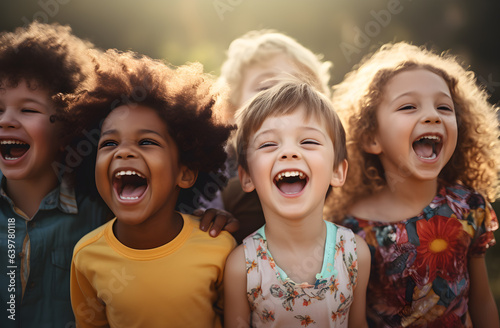 Happy, smile and portrait of kids in a park ,portrait of a happy children,laughing small kids, Happiness, diversity and children friends standing, 