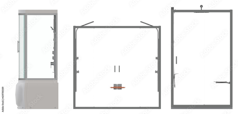The shower cabin is isolated on a transparent background, 3D illustration, and a CG render The shower cabin is isolated on a transparent background, 3D illustration, and a CG render