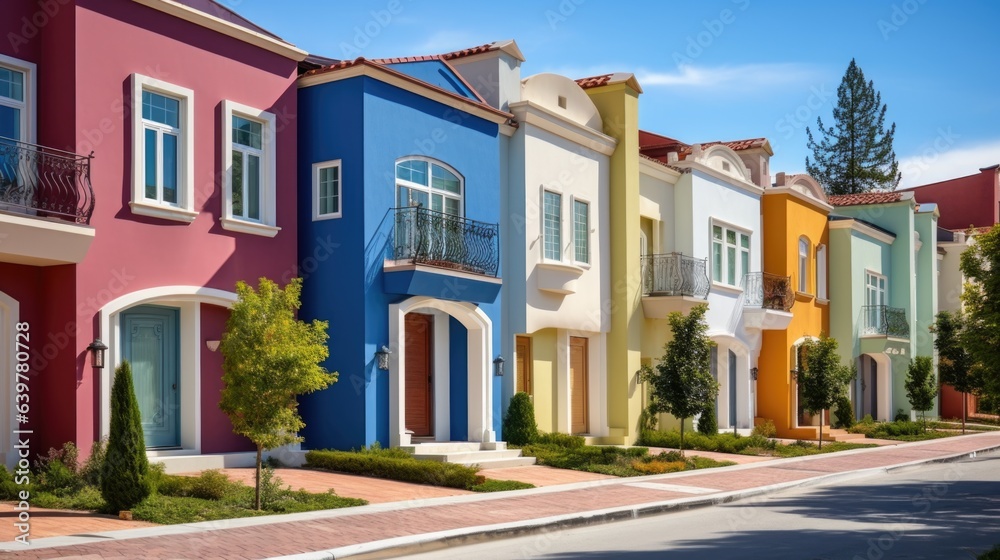 Colorful stucco finish traditional private townhouses. Residential architecture exterior.