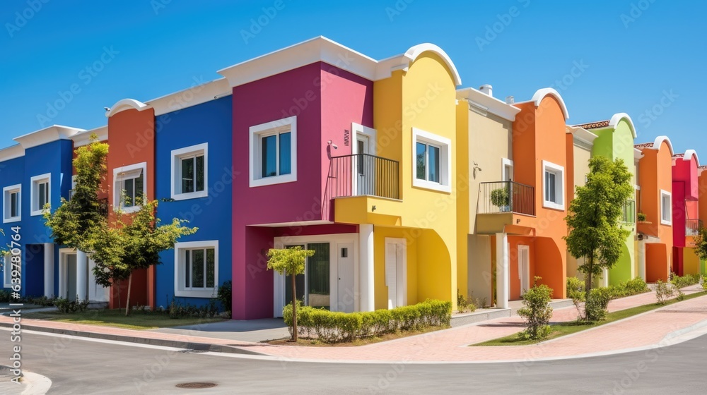Colorful stucco traditional private townhouses. Residential architecture exterior