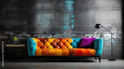 Colorful sofa against of concrete wall with grunge tiled paneling. Loft interior design of modern living room