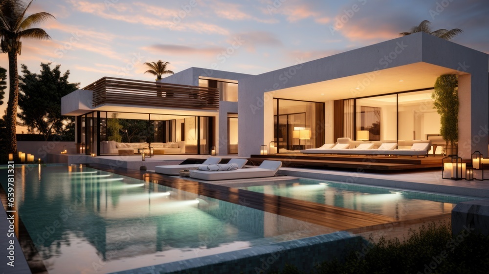 Fototapeta premium Exterior of modern minimalist cubic villa with swimming pool at sunset