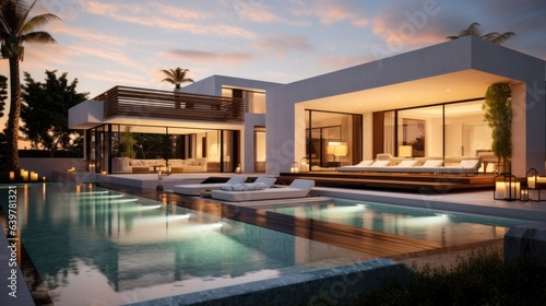 Exterior of modern minimalist cubic villa with swimming pool at sunset © Interior Design