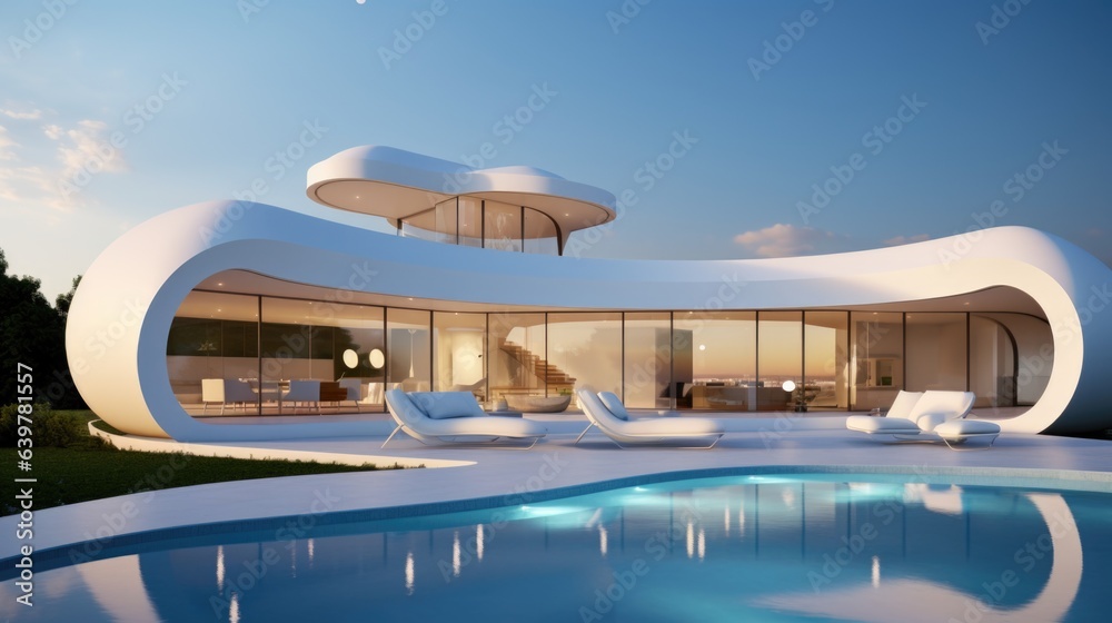 Exterior of modern minimalist white villa with swimming pool. Rich house with round shapes. Exterior of modern minimalist white villa with swimming pool. Rich house with round shapes.