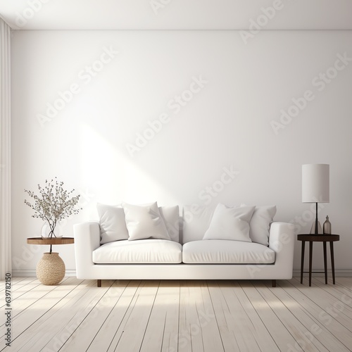 Living room with white coach bright  white background minimal style 