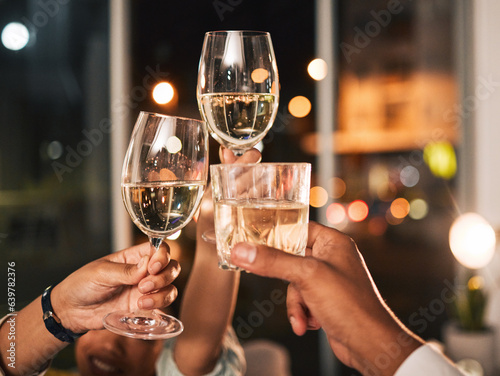 Canvas Print Cheers, wine and glasses with hands and business people at night, celebration of deadline target with collaboration