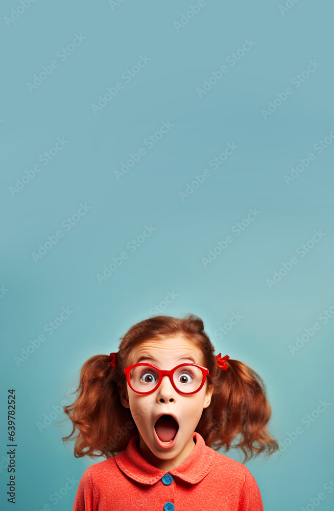 Excited, shock, omg wow expression. Shocked surprised elementary school kid girl in glasses looking at camera, sitting on blue background. Vertical promo offer banner, adverts. Generative AI Excited, shock, omg wow expression. Shocked surprised elementary school kid girl in glasses looking at camera, sitting on blue background. Vertical promo offer banner, adverts. Generative AI