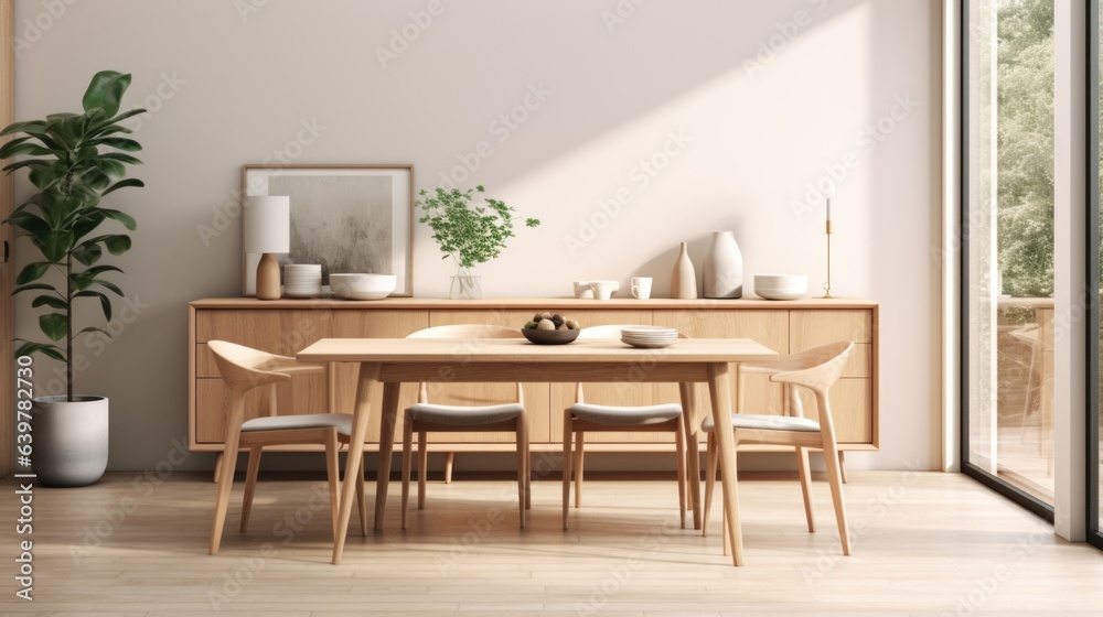 Interior design of modern scandinavian dining room with cupboard