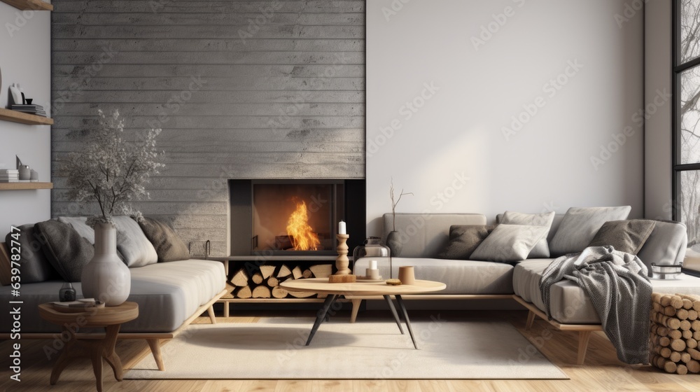 Interior design of scandinavian living room with fireplace and gray sofa - obrazy, fototapety, plakaty 