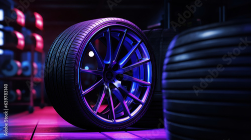 A new tire is placed on the tire storage rack in the car workshop. Purple colors. © tashechka