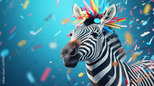 Happy zebra smiling wearing hat with flying confetti. Birthday concept