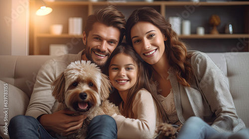 Cheerful family on sofa and puppy in living room at home. Generative Ai